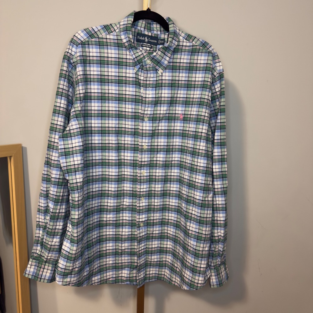 Ralph Lauren Mens XXL Custom Fit Plaid Button Down Shirt Green‎ Blue Pink Pony